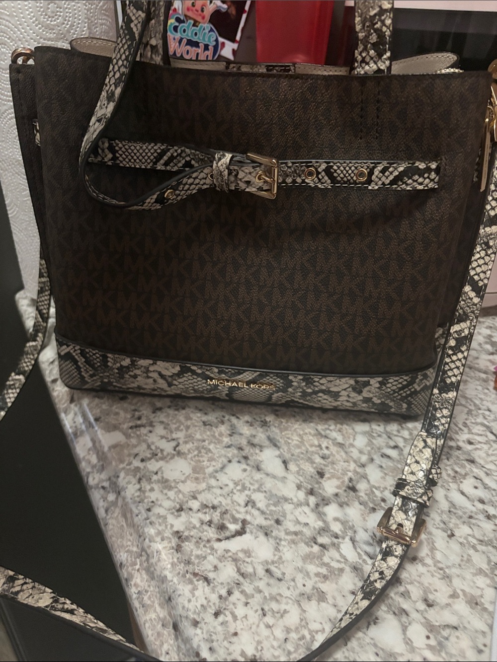 Michael Kors Brown MK Logo Tote with Snake-Print Trim and Gold Hardware